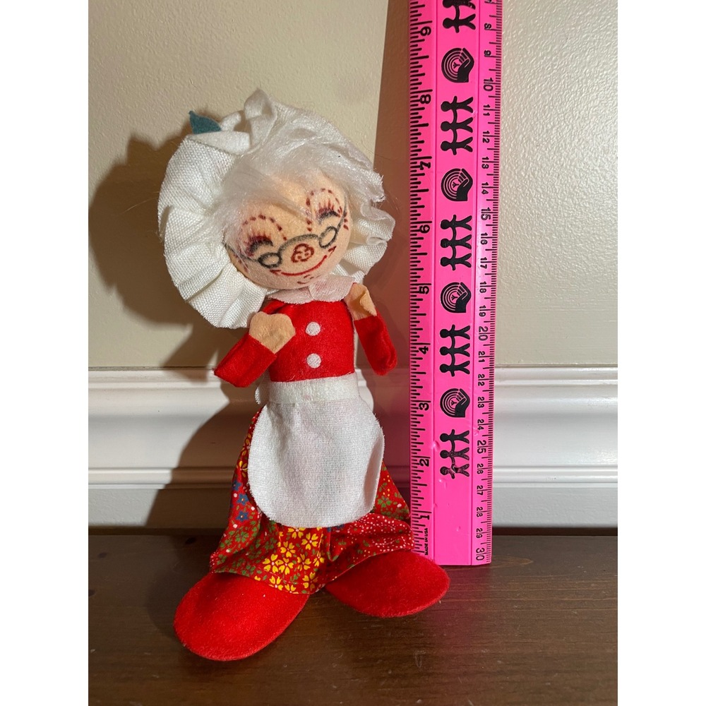 Vintage Mrs Claus Felt Doll Ornament Japan Red Floral Christmas Decor 7 Inch